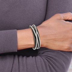 Chisel Stainless Steel Polished Black IP-plated with Crystals Layered Cuff Bangle SRB2889