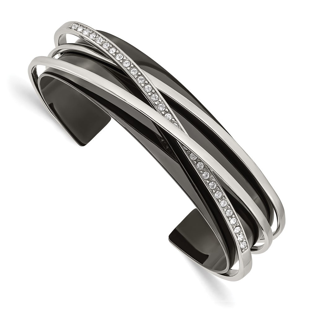 Chisel Stainless Steel Polished Black IP-plated with Crystals Layered Cuff Bangle SRB2889