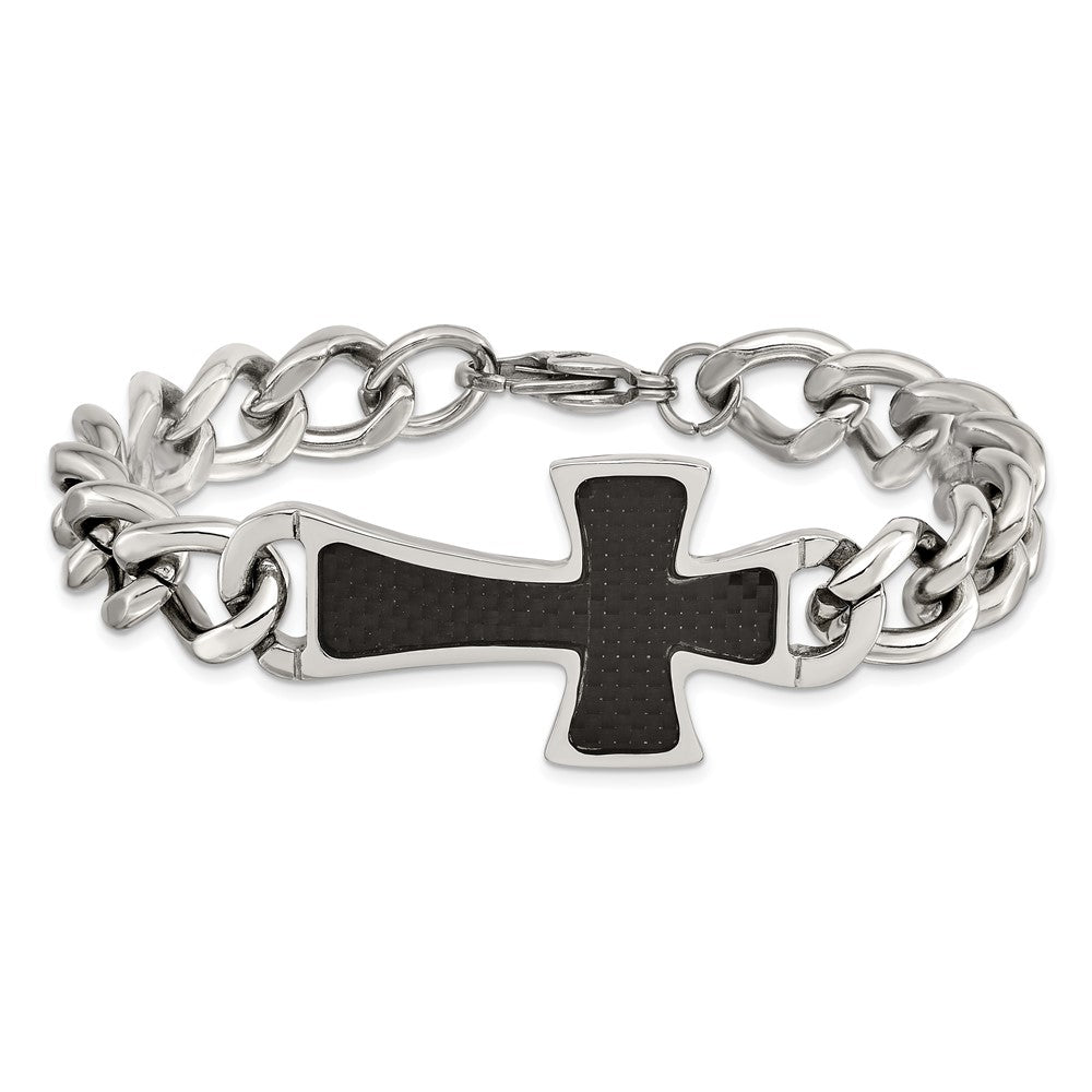 Chisel Stainless Steel Polished with Black Carbon Fiber Inlay Cross 8.5 inch Bracelet SRB289-8.5