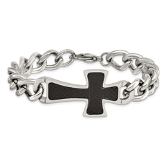 Chisel Stainless Steel Polished with Black Carbon Fiber Inlay Cross 8.5 inch Bracelet SRB289-8.5
