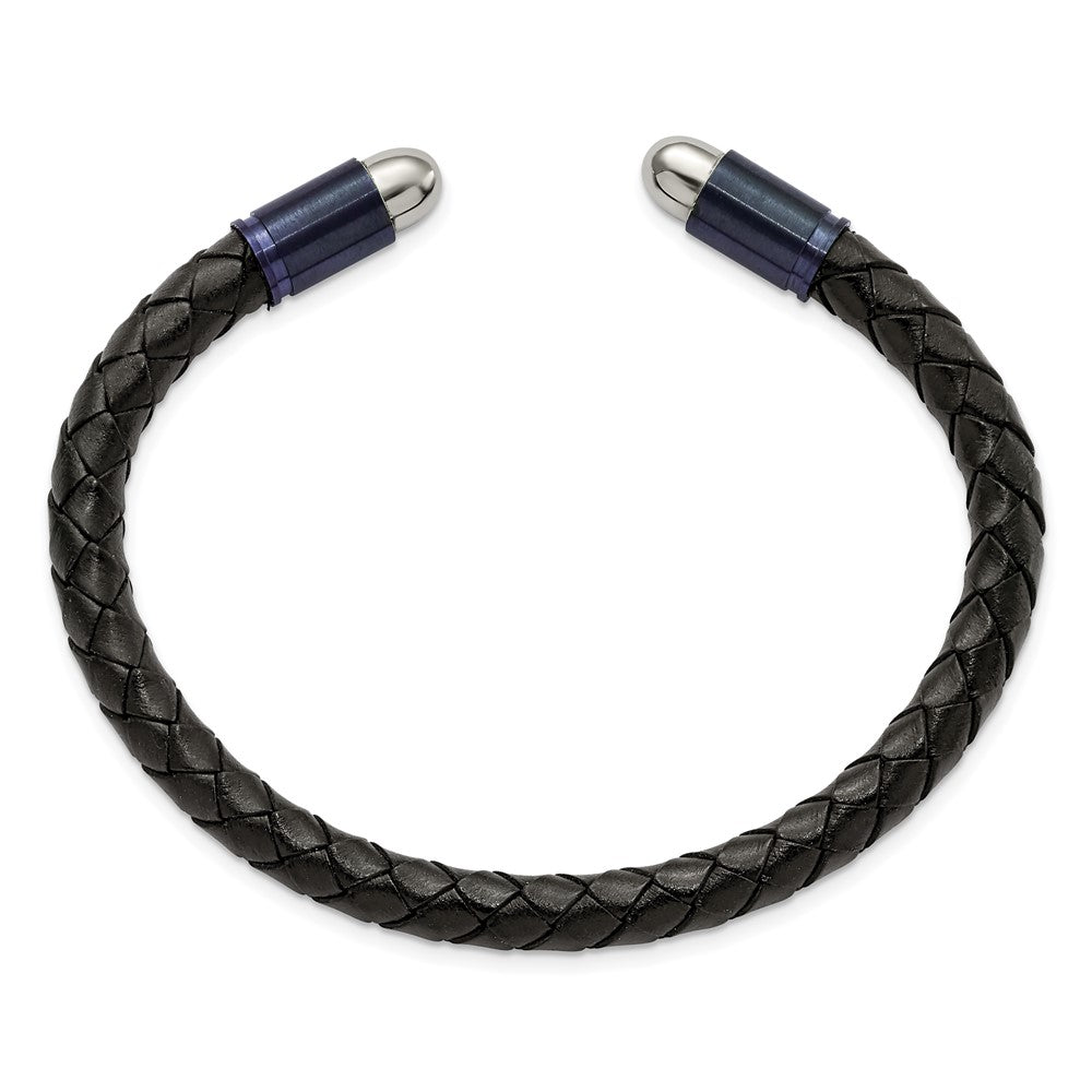 Chisel Stainless Steel Brushed and Polished Dark Grey IP-plated Black Leather Flexible Cuff Bangle SRB2922