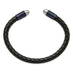 Chisel Stainless Steel Brushed and Polished Dark Grey IP-plated Black Leather Flexible Cuff Bangle SRB2922