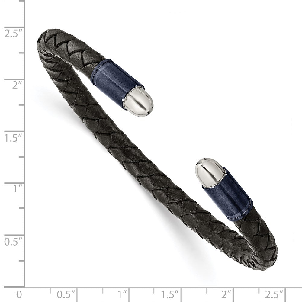 Chisel Stainless Steel Brushed and Polished Dark Grey IP-plated Black Leather Flexible Cuff Bangle SRB2922