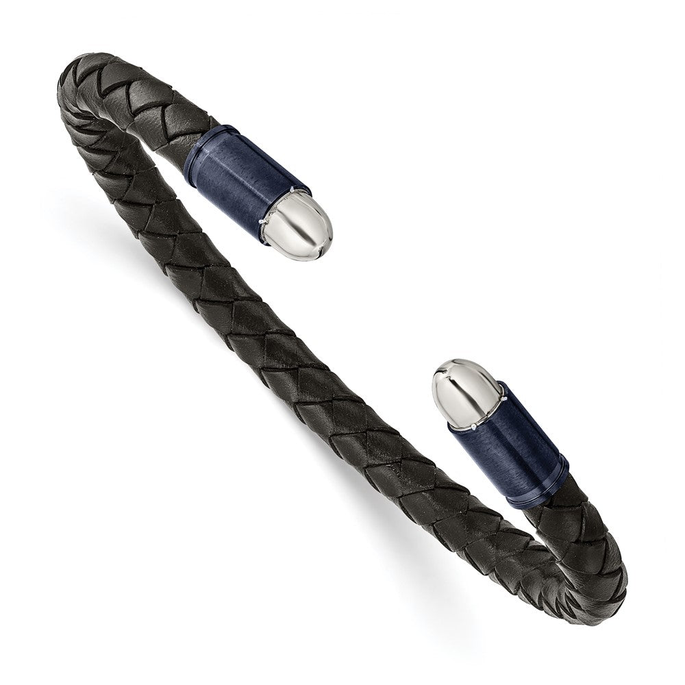 Chisel Stainless Steel Brushed and Polished Dark Grey IP-plated Black Leather Flexible Cuff Bangle SRB2922
