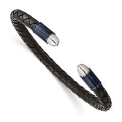 Chisel Stainless Steel Brushed and Polished Dark Grey IP-plated Black Leather Flexible Cuff Bangle SRB2922