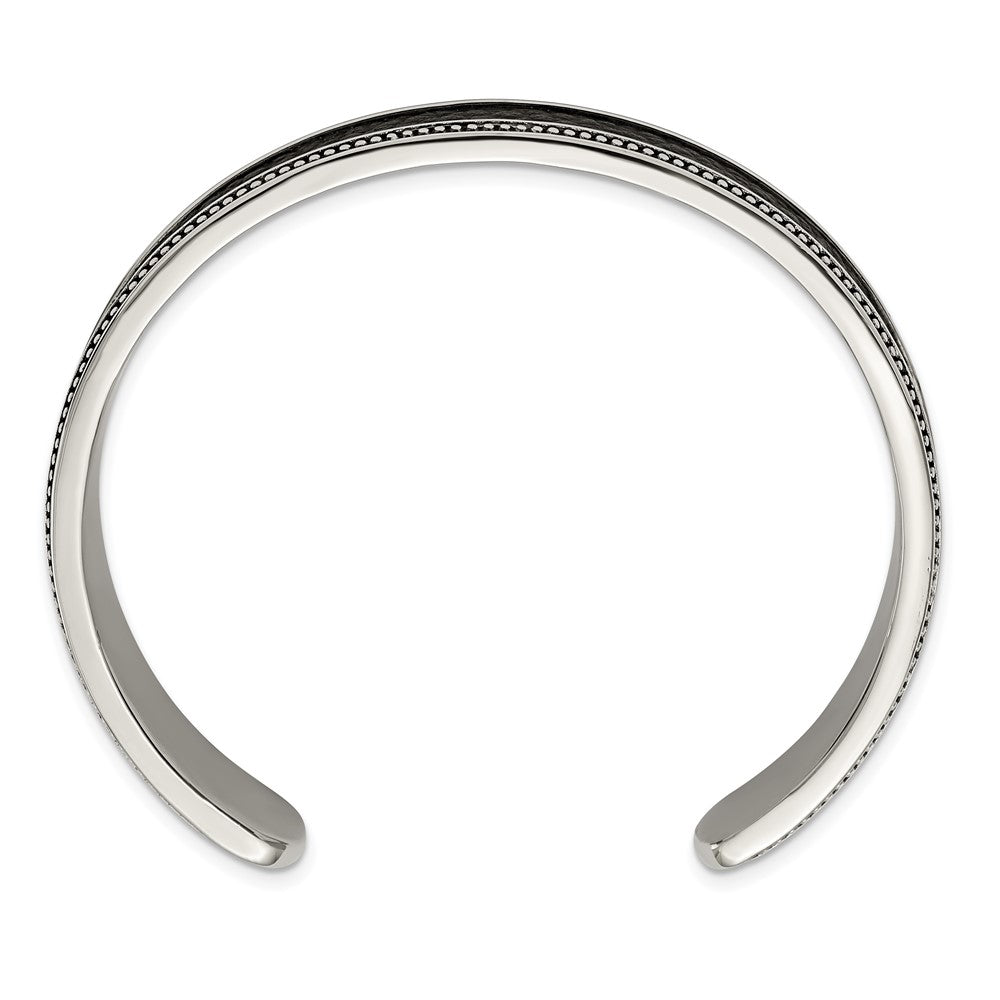 Chisel Stainless Steel Antiqued and Polished with Textured Leather Inlay 12mm Cuff Bangle SRB2933