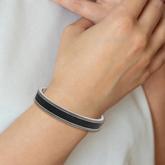 Chisel Stainless Steel Antiqued and Polished with Textured Leather Inlay 12mm Cuff Bangle SRB2933