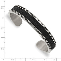 Chisel Stainless Steel Antiqued and Polished with Textured Leather Inlay 12mm Cuff Bangle SRB2933