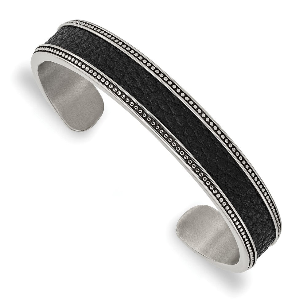 Chisel Stainless Steel Antiqued and Polished with Textured Leather Inlay 12mm Cuff Bangle SRB2933