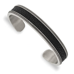 Chisel Stainless Steel Antiqued and Polished with Textured Leather Inlay 12mm Cuff Bangle SRB2933