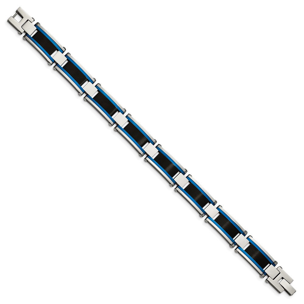 Chisel Stainless Steel Brushed and Polished Black and Blue IP-plated 8.75 inch Link Bracelet SRB2960-8.75