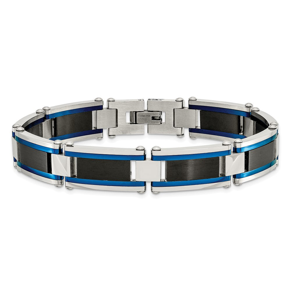 Chisel Stainless Steel Brushed and Polished Black and Blue IP-plated 8.75 inch Link Bracelet SRB2960-8.75