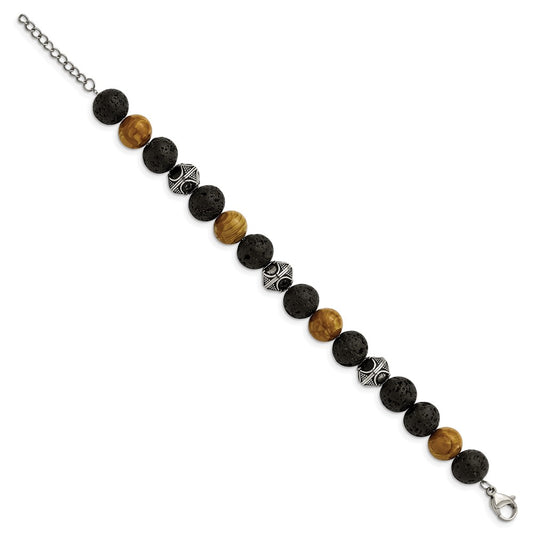 Chisel Stainless Steel Antiqued and Polished 9.5-10mm Lava and Red Wood Stone Beads 7.25 inch Bracelet with 1 inch Extension SRB2972-7.25