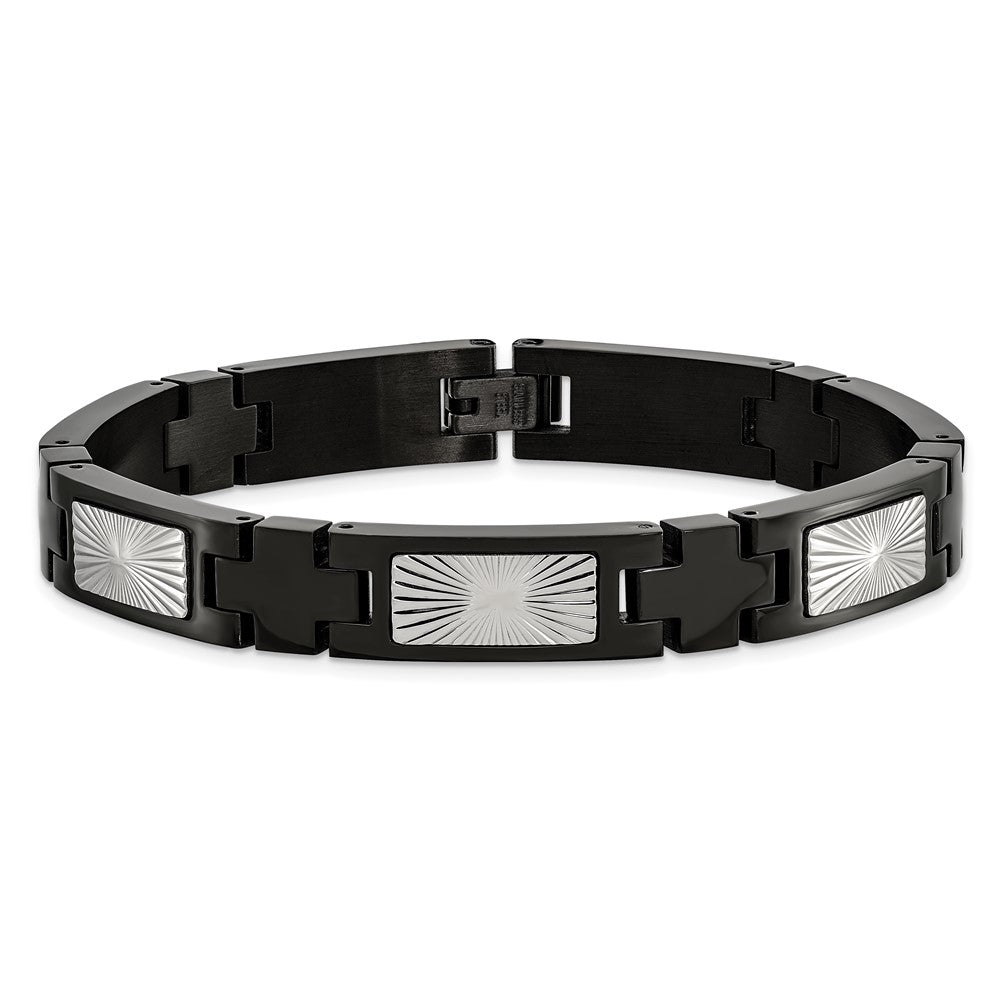 Chisel Stainless Steel Polished and Textured Starburst Design Black IP-plated 8.5 inch Link Bracelet SRB2987-8.5
