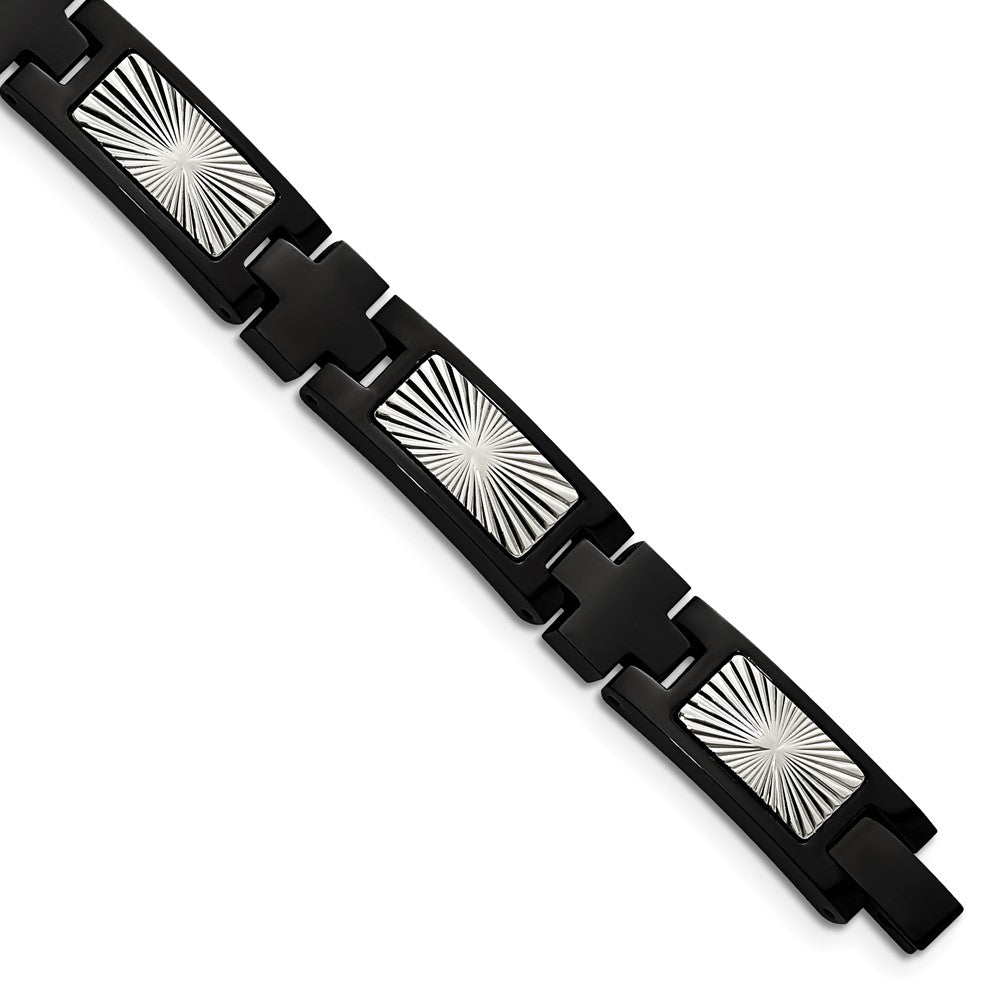 Chisel Stainless Steel Polished and Textured Starburst Design Black IP-plated 8.5 inch Link Bracelet SRB2987-8.5