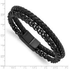 Chisel Stainless Steel Polished Black IP-plated Chain and Black Leather 8.5 inch Bracelet SRB2992-8.5