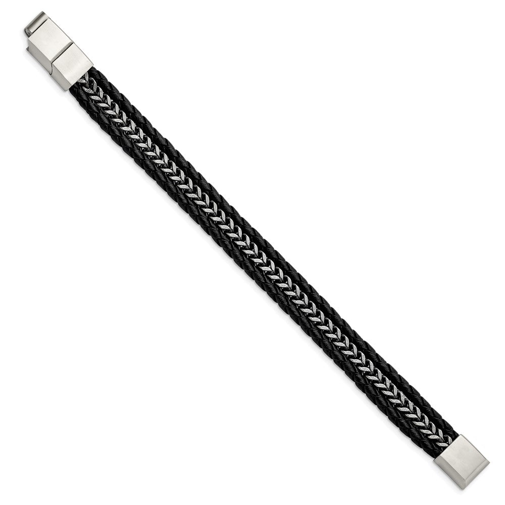 Chisel Stainless Steel Antiqued and Brushed Multi Strand Chain and Black Leather 8.25 inch Bracelet with .5 inch Extension SRB3014-8.25