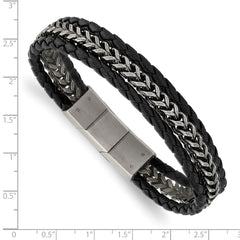 Chisel Stainless Steel Antiqued and Brushed Multi Strand Chain and Black Leather 8.25 inch Bracelet with .5 inch Extension SRB3014-8.25