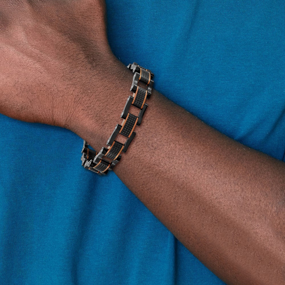 Chisel Stainless Steel Polished and Textured Black and Brown IP-plated 8.25 inch Open Link Bracelet SRB3016-8.25