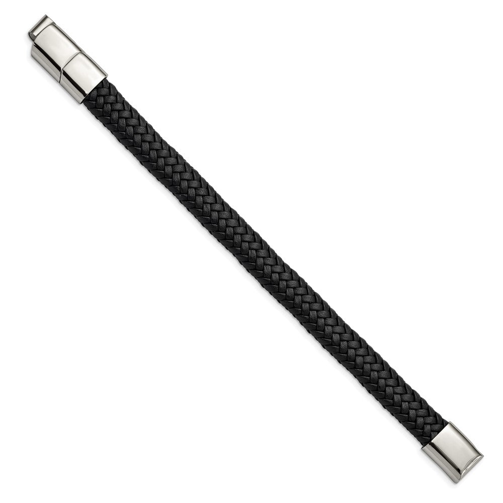 Chisel Stainless Steel Polished Black Braided Leather 8 inch Bracelet with .5 inch Extension SRB3022-8