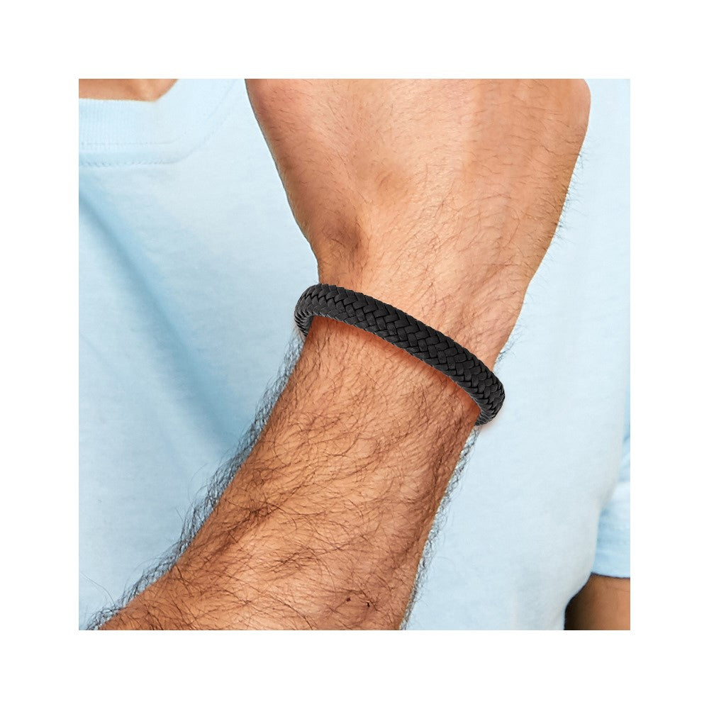 Chisel Stainless Steel Polished Black Braided Leather 8 inch Bracelet with .5 inch Extension SRB3022-8