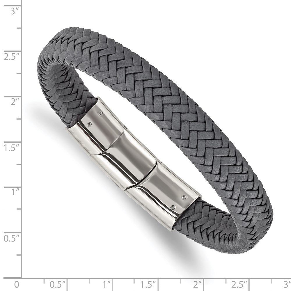 Chisel Stainless Steel Polished Grey Braided Leather 8 inch Bracelet with .5 inch Extension SRB3025-8
