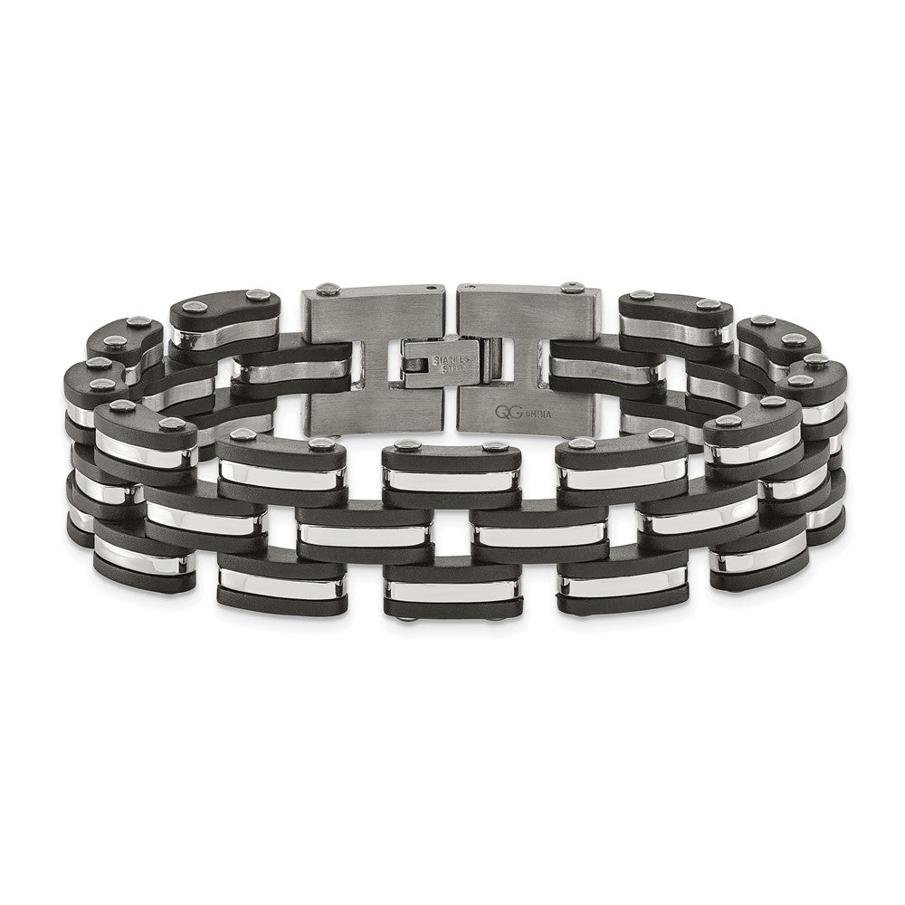 Chisel Stainless Steel Brushed and Polished with Black Rubber 8 inch Link Bracelet SRB3061-8