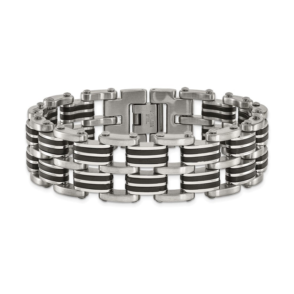 Chisel Stainless Steel Brushed and Polished with Black Rubber Inlay 8.25 inch Link Bracelet SRB3062-8.25