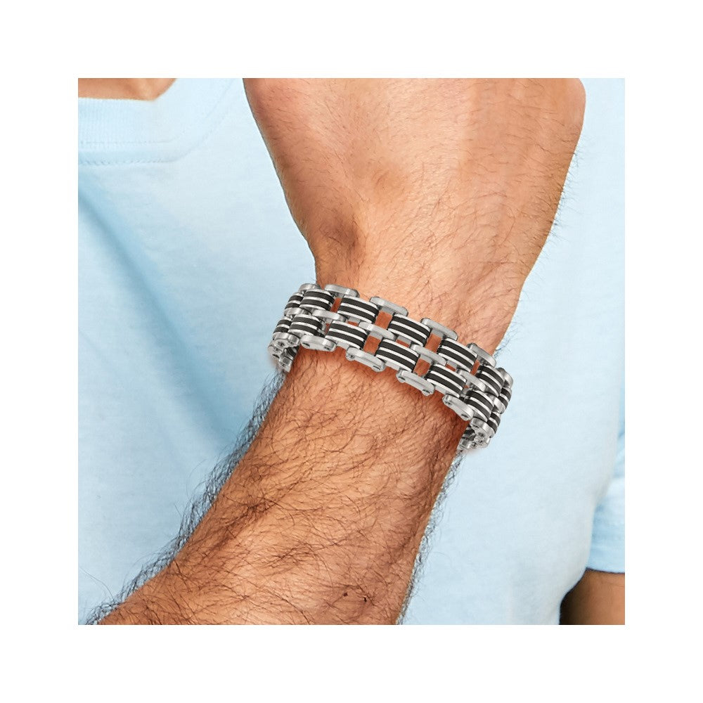 Chisel Stainless Steel Brushed and Polished with Black Rubber Inlay 8.25 inch Link Bracelet SRB3062-8.25