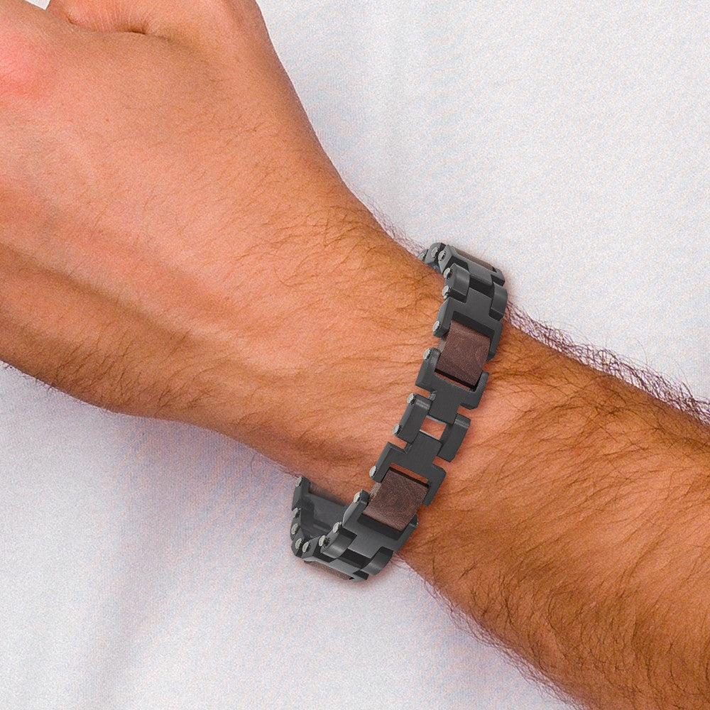 Chisel Stainless Steel Brushed Black IP-plated with Wood Inlay 8 inch Link Bracelet with .5 inch Extension SRB3064-8