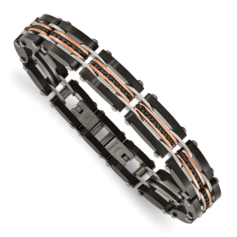 Chisel Stainless Steel Brushed and Polished Black and Rose IP-plated Reversible 7.5 inch Bracelet with .5 inch Extension SRB3065-7.5