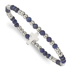 Chisel Stainless Steel Polished 4mm Lapis Beaded with Cross Dangle Beaded Stretch Bracelet SRB3081