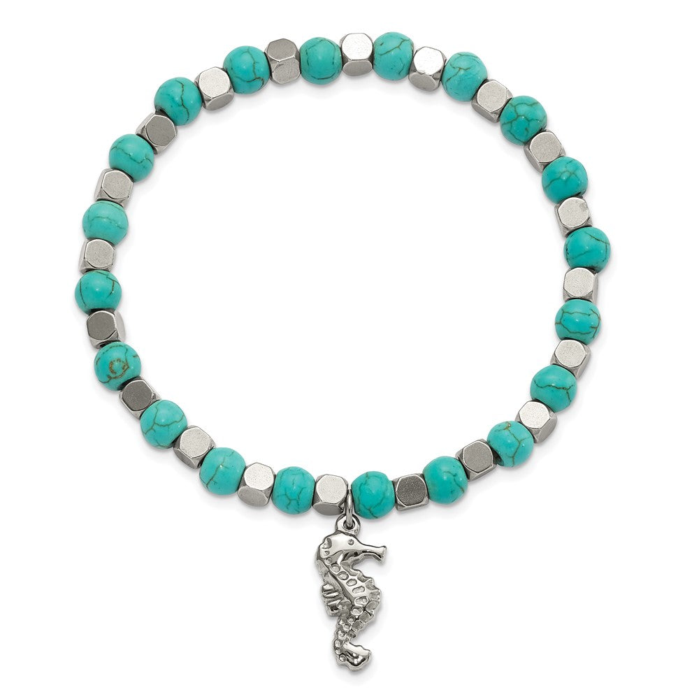 Chisel Stainless Steel Polished 6.5mm Seahorse Imitation Turquoise Beaded Stretch Bracelet SRB3084