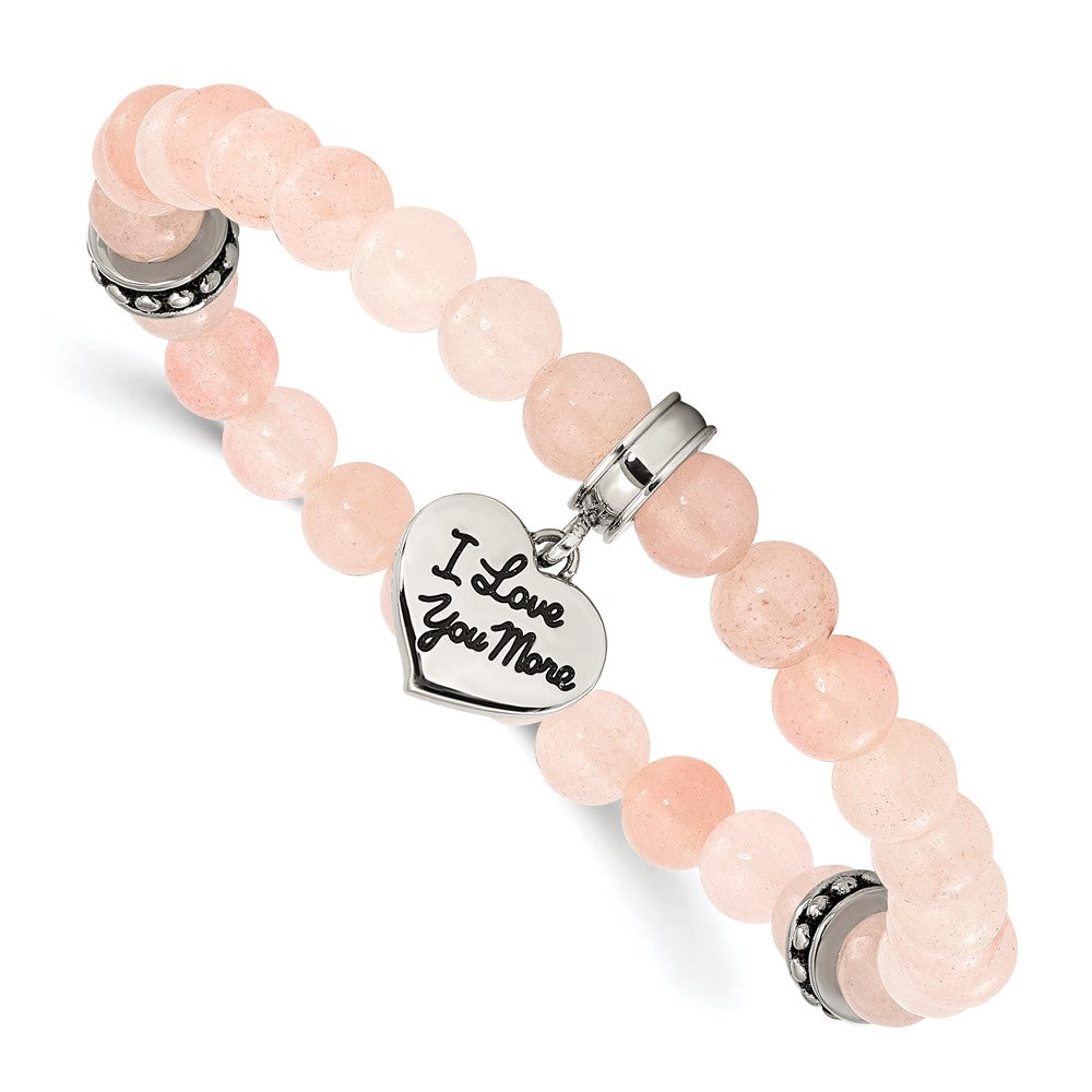 Chisel Stainless Steel Antiqued and Polished I LOVE YOU MORE Heart Dangle 6.5mm Pink Jade Beaded Stretch Bracelet SRB3085