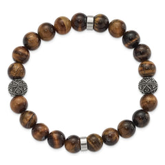 Chisel Stainless Steel Antiqued and Polished 10mm Tiger's Eye Stretch Bracelet SRB3097
