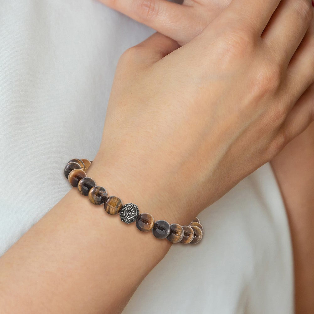 Chisel Stainless Steel Antiqued and Polished 10mm Tiger's Eye Stretch Bracelet SRB3097