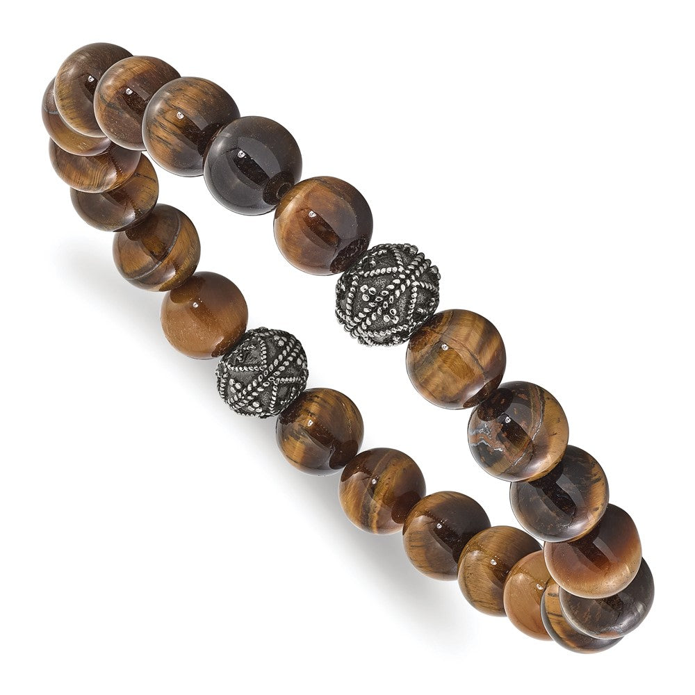 Chisel Stainless Steel Antiqued and Polished 10mm Tiger's Eye Stretch Bracelet SRB3097