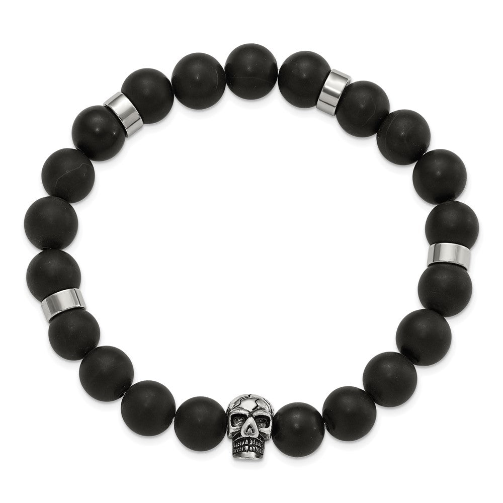Chisel Stainless Steel Antiqued and Polished Black Agate Beaded with Skulls Stretch Bracelet SRB3098