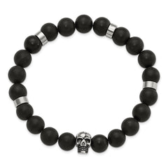 Chisel Stainless Steel Antiqued and Polished Black Agate Beaded with Skulls Stretch Bracelet SRB3098