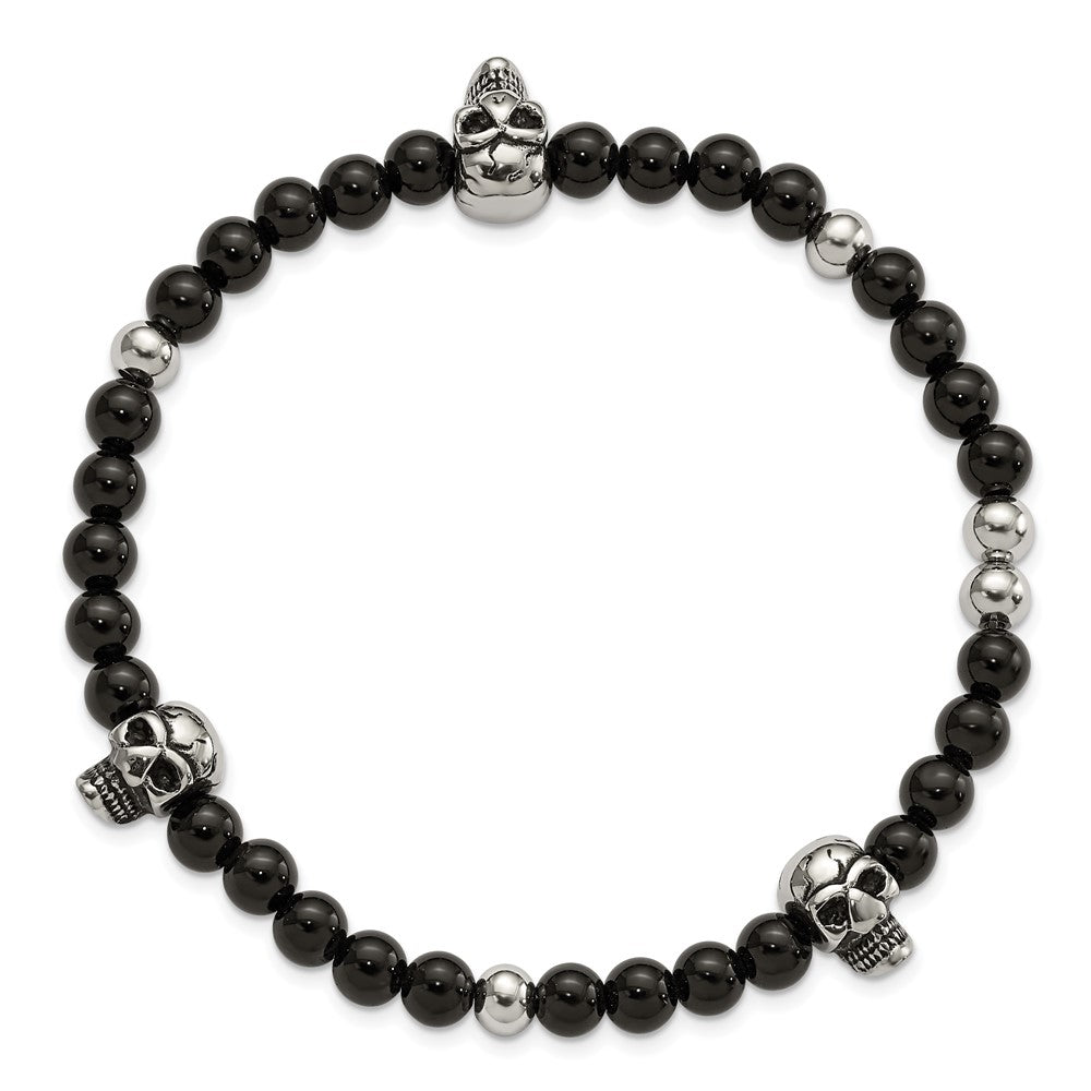 Chisel Stainless Steel Antiqued and Polished Black Agate Beaded with Skulls Stretch Bracelet SRB3101