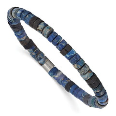 Chisel Stainless Steel Brushed Blue Sediment and Black Agate Beaded Stretch Bracelet SRB3117