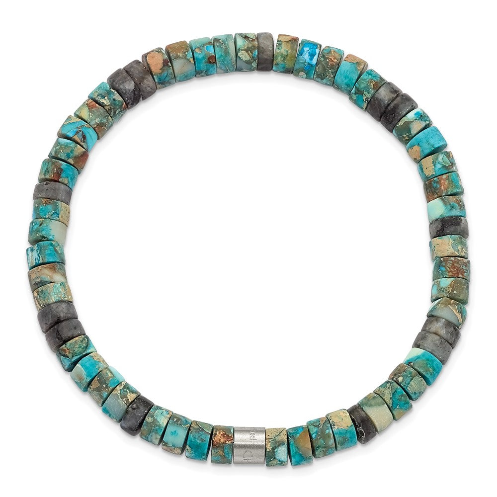 Chisel Stainless Steel Brushed Blue Sediment and Black Spectrolite Beaded Stretch Bracelet SRB3119