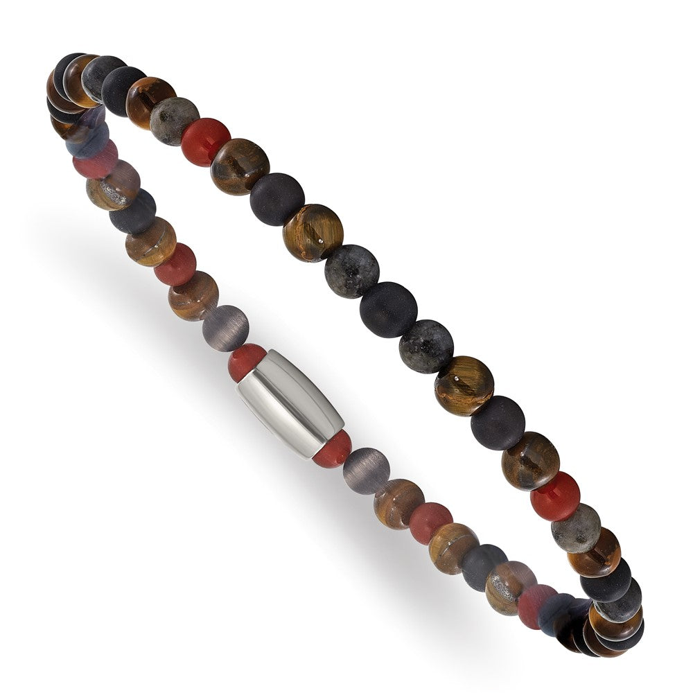 Chisel Stainless Steel Polished 5mm Spectrolite, Agate and Tiger's Eye Beaded Stretch Bracelet SRB3129