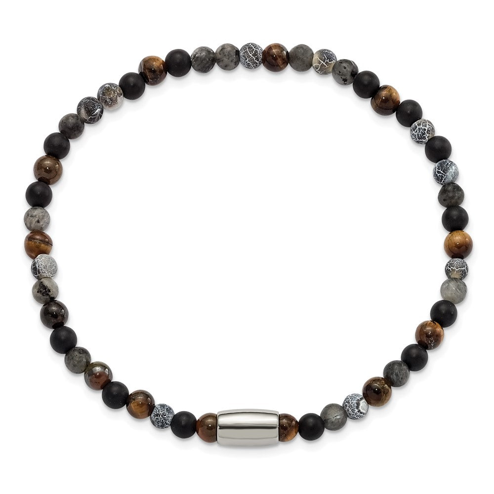Chisel Stainless Steel Polished 5mm Spectrolite, Agate, Tiger's Eye and Blue Stone Beaded Stretch Bracelet SRB3130
