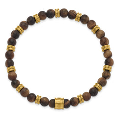 Chisel Stainless Steel Brushed Yellow IP-plated 6.5mm Tiger's Eye Beaded Stretch Bracelet SRB3132