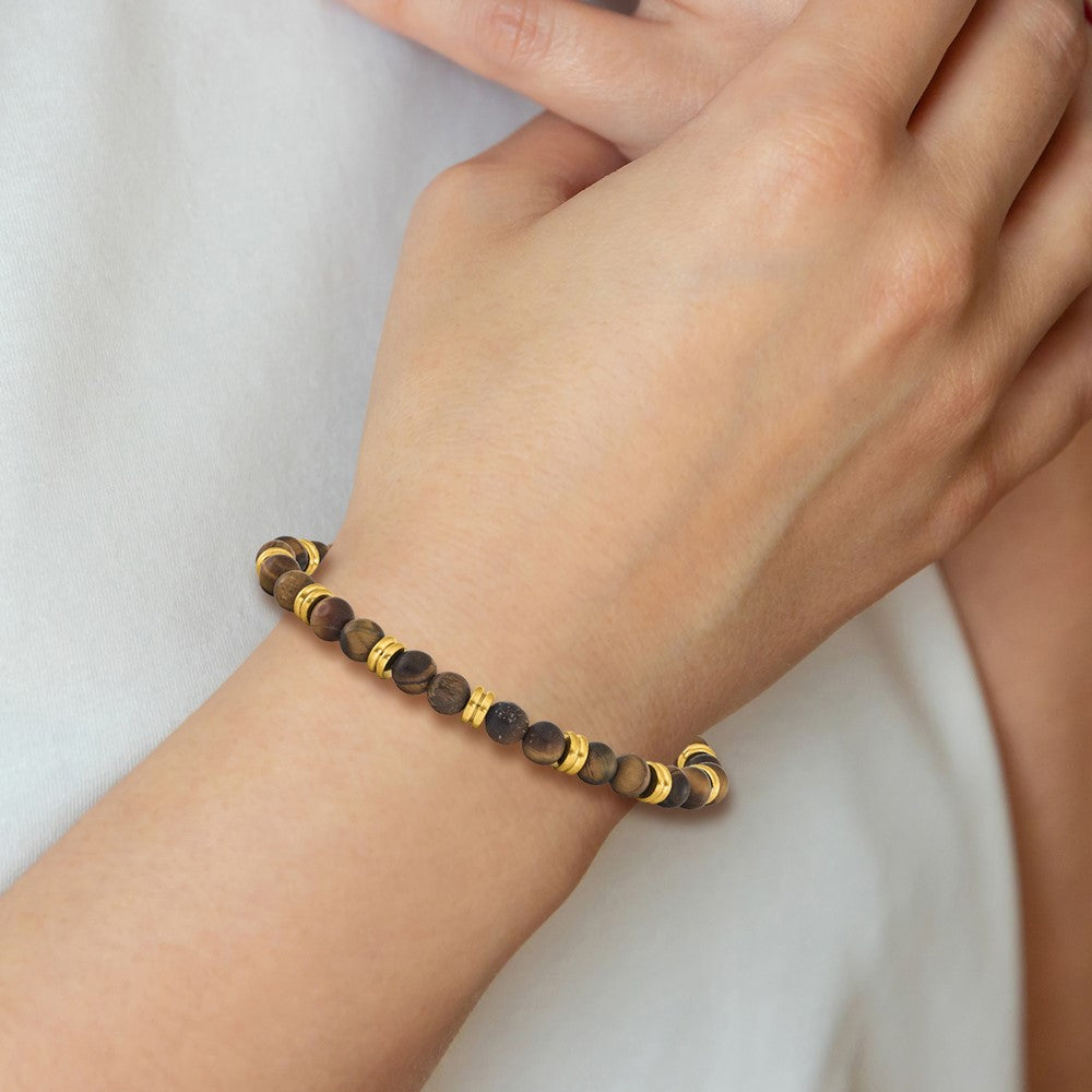 Chisel Stainless Steel Brushed Yellow IP-plated 6.5mm Tiger's Eye Beaded Stretch Bracelet SRB3132