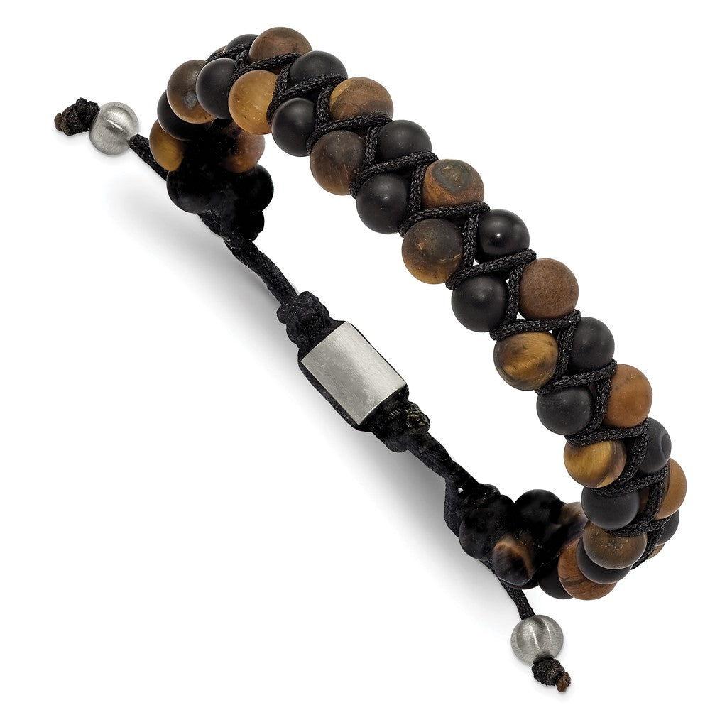Chisel Stainless Steel Brushed Tiger's Eye and Black Agate Black Nylon Adjustable Bracelet SRB3141