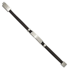 Chisel Stainless Steel Brushed Black Leather 8 inch ID Bracelet with .5 inch Extension SRB3148-8