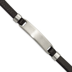 Chisel Stainless Steel Brushed Black Leather 8 inch ID Bracelet with .5 inch Extension SRB3148-8