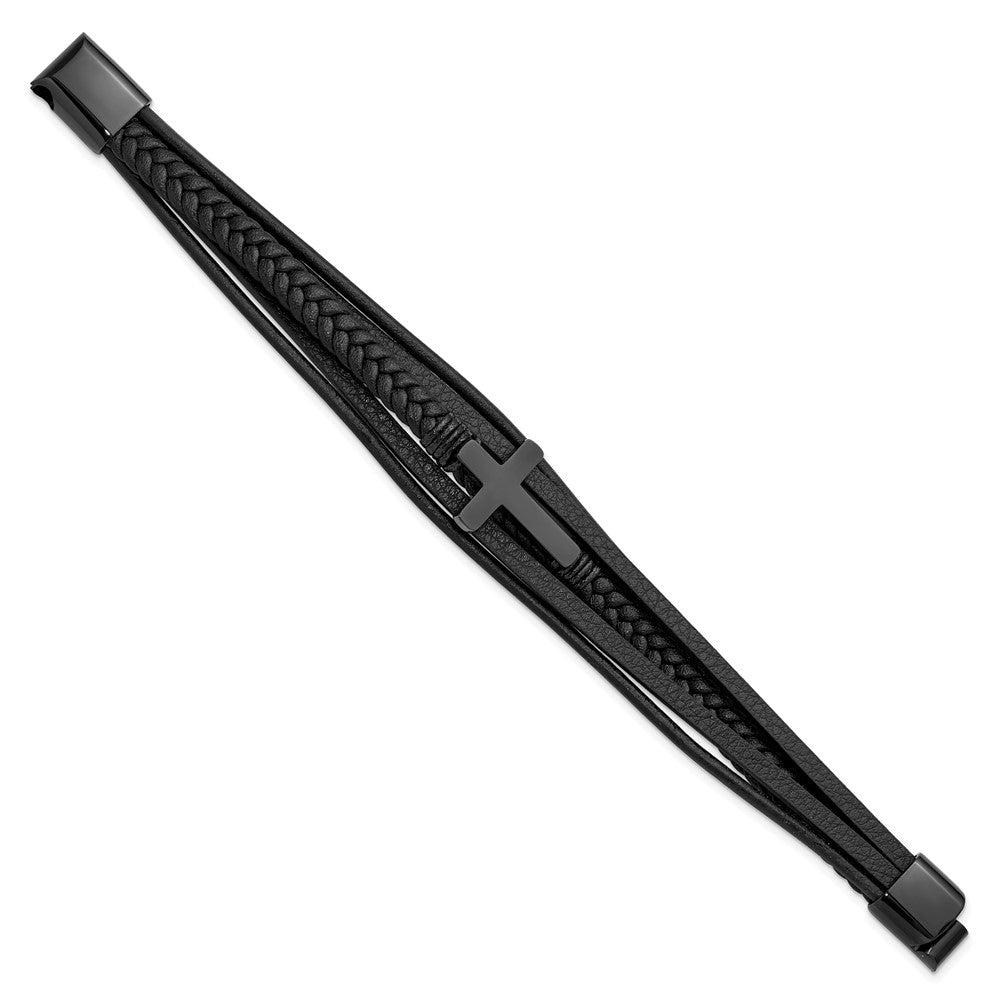 Chisel Stainless Steel Polished Black IP-plated Cross Black Polyurethane and Leather Multi Strand 8.75 inch Bracelet SRB3156-8.75
